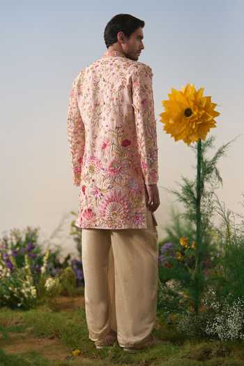 Shop Shashank Arya Pink Dupion, Chanderi, Satin Embroidered Sherwani And Dhoti Pant Set Shop_Shashank Arya_Pink Dupion, Chanderi, Satin Embroidered Sherwani And Dhoti Pant Set