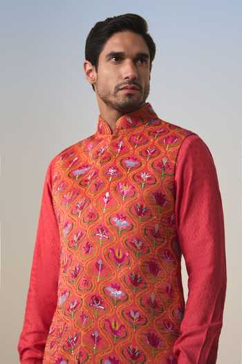 Buy Shashank Arya Red Satin, Jacquard, Chanderi Embroidered Nehru Jacket Set Online at Aza Fashions Buy_Shashank Arya_Red Satin, Jacquard, Chanderi Embroidered Nehru Jacket Set _Online_at_Aza_Fashions