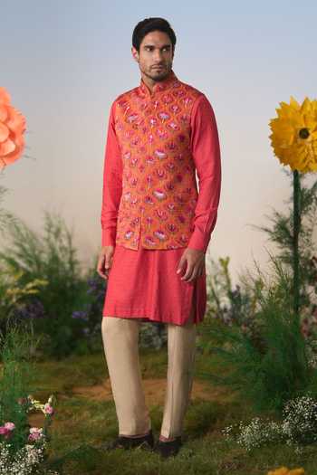 Shop Shashank Arya Red Satin, Jacquard, Chanderi Embroidered Nehru Jacket Set Online at Aza Fashions Shop_Shashank Arya_Red Satin, Jacquard, Chanderi Embroidered Nehru Jacket Set _Online_at_Aza_Fashions