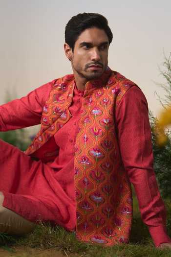 Shashank Arya Red Satin, Jacquard, Chanderi Embroidered Nehru Jacket Set at Aza Fashions Shashank Arya_Red Satin, Jacquard, Chanderi Embroidered Nehru Jacket Set _at_Aza_Fashions