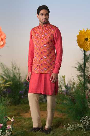 Shashank Arya Red Satin Floral Print Nehru Jacket Online at Aza Fashions Shashank Arya_Red Satin Floral Print Nehru Jacket _Online_at_Aza_Fashions