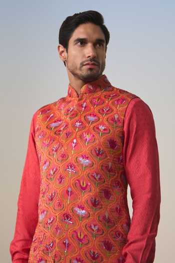 Buy Shashank Arya Red Satin Floral Print Nehru Jacket Online at Aza Fashions Buy_Shashank Arya_Red Satin Floral Print Nehru Jacket _Online_at_Aza_Fashions