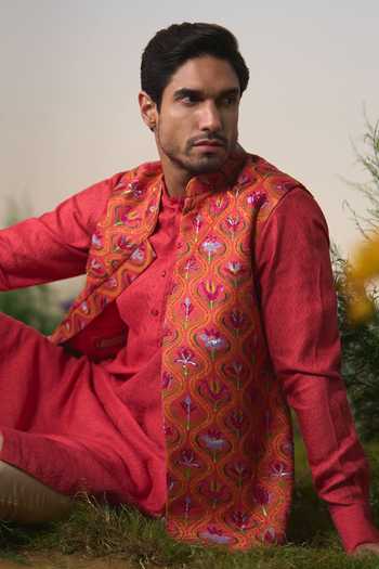 Shop Shashank Arya Red Satin Floral Print Nehru Jacket Online at Aza Fashions Shop_Shashank Arya_Red Satin Floral Print Nehru Jacket _Online_at_Aza_Fashions
