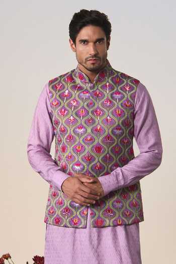 Buy Shashank Arya Purple Satin, Jacquard, Chanderi Mughal Print Nehru Jacket Set Online at Aza Fashions Buy_Shashank Arya_Purple Satin, Jacquard, Chanderi Mughal Print Nehru Jacket Set _Online_at_Aza_Fashions