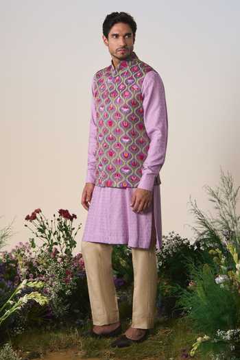 Shashank Arya Purple Satin, Jacquard, Chanderi Mughal Print Nehru Jacket Set at Aza Fashions Shashank Arya_Purple Satin, Jacquard, Chanderi Mughal Print Nehru Jacket Set _at_Aza_Fashions