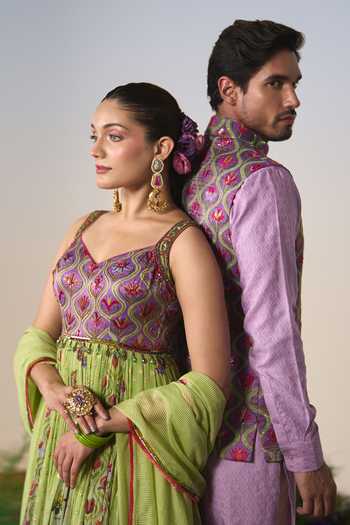 Buy Shashank Arya Purple Satin, Jacquard, Chanderi Mughal Print Nehru Jacket Set Buy_Shashank Arya_Purple Satin, Jacquard, Chanderi Mughal Print Nehru Jacket Set