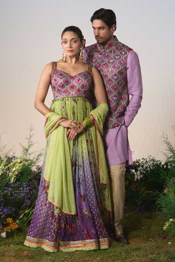 Shop Shashank Arya Purple Satin, Jacquard, Chanderi Mughal Print Nehru Jacket Set Shop_Shashank Arya_Purple Satin, Jacquard, Chanderi Mughal Print Nehru Jacket Set