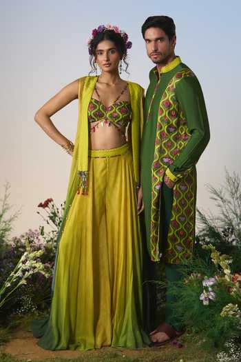 Shop Shashank Arya Green Chanderi, Satin, Dupion Placement Printed Kurta Set Shop_Shashank Arya_Green Chanderi, Satin, Dupion Placement Printed Kurta Set