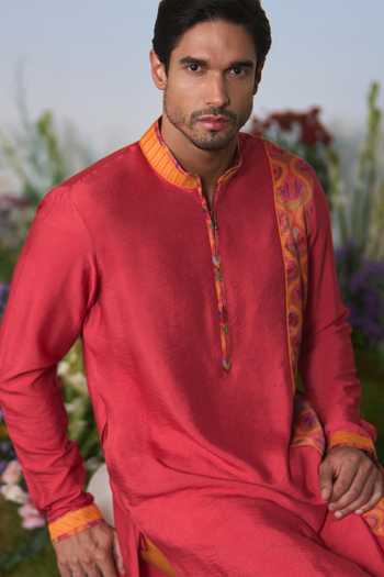 Shashank Arya Red Dupion Printed Kurta And Pant Set Online at Aza Fashions Shashank Arya_Red Dupion Printed Kurta And Pant Set _Online_at_Aza_Fashions
