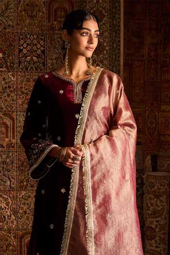 Shop Zoon Maroon Silk, Velvet, Satin, Tissue Boat Neck Hand Embroidered Straight Kurta Set Online at Aza Fashions Shop_Zoon_Maroon Silk, Velvet, Satin, Tissue Boat Neck Hand Embroidered Straight Kurta Set _Online_at_Aza_Fashions