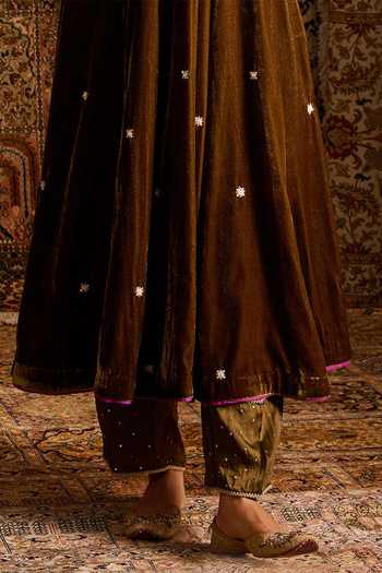 Zoon Olive Green Velvet, Satin, Tissue V-neck Embroidered Anarkali Set Online at Aza Fashions Zoon_Olive Green Velvet, Satin, Tissue V-neck Embroidered Anarkali Set _Online_at_Aza_Fashions