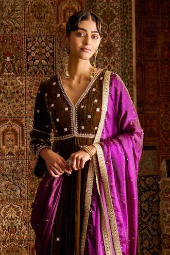 Shop Zoon Olive Green Velvet, Satin, Tissue V-neck Embroidered Anarkali Set Online at Aza Fashions Shop_Zoon_Olive Green Velvet, Satin, Tissue V-neck Embroidered Anarkali Set _Online_at_Aza_Fashions