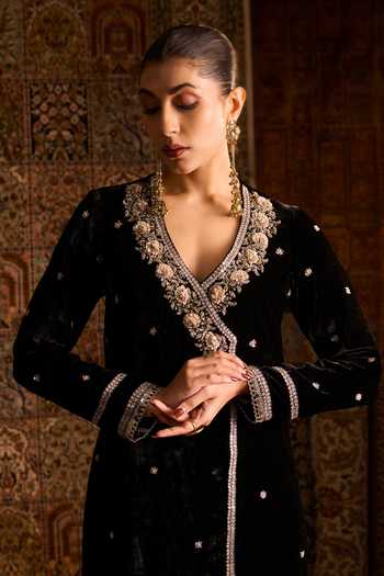 Zoon_Black Velvet, Brocade, Tissue V-neck Embroidered Angarkha Set _Online_at_Aza_Fashions