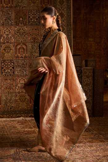 Shop_Zoon_Black Velvet, Brocade, Tissue V-neck Embroidered Angarkha Set 