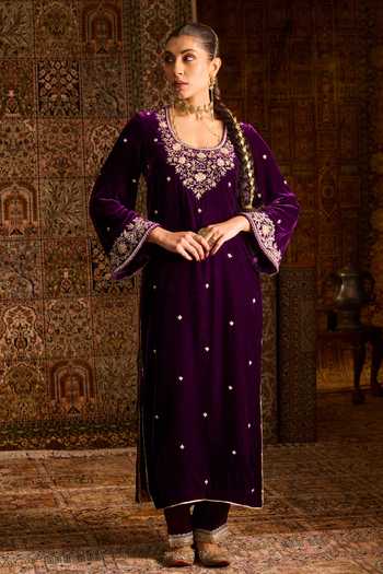 Zoon Purple Silk, Velvet, Satin, Tissue Scoop Neck Floral Hand Embroidered Kurta Set at Aza Fashions Zoon_Purple Silk, Velvet, Satin, Tissue Scoop Neck Floral Hand Embroidered Kurta Set _at_Aza_Fashions