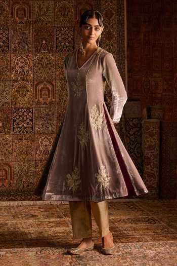 Shop Zoon Grey Silk, Velvet, Brocade, Tissue V-neck Hand Embroidered Anarkali Set Online at Aza Fashions Shop_Zoon_Grey Silk, Velvet, Brocade, Tissue V-neck Hand Embroidered Anarkali Set _Online_at_Aza_Fashions