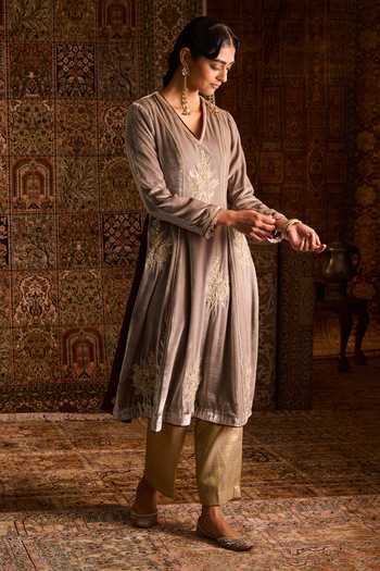 Zoon Grey Silk, Velvet, Brocade, Tissue V-neck Hand Embroidered Anarkali Set at Aza Fashions Zoon_Grey Silk, Velvet, Brocade, Tissue V-neck Hand Embroidered Anarkali Set _at_Aza_Fashions