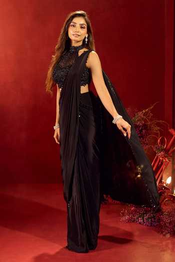 Shop Samyukta Singhania Black Crepe Choker Neck Pre-draped Saree With Embroidered Blouse Online at Aza Fashions Shop_Samyukta Singhania_Black Crepe Choker Neck Pre-draped Saree With Embroidered Blouse _Online_at_Aza_Fashions