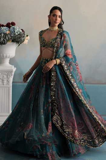 Shop_Mahima Mahajan_Blue Silk Organza Sweetheart Neck Samah Hand Embroidered Blouse And Lehenga Set _Online_at_Aza_Fashions