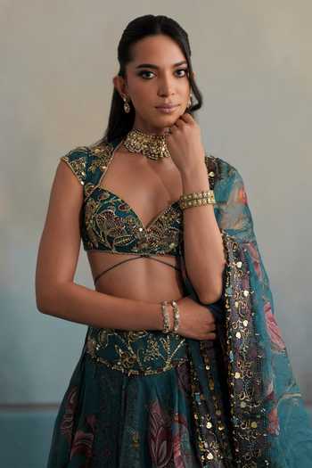 Shop_Mahima Mahajan_Blue Silk Organza Sweetheart Neck Samah Hand Embroidered Blouse And Lehenga Set 