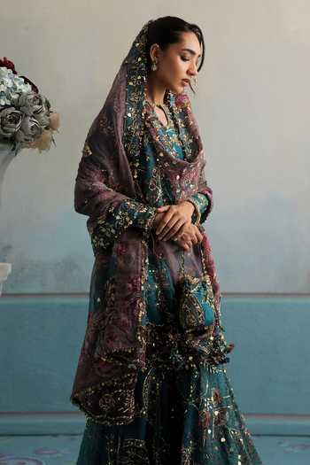 Mahima Mahajan Teal Silk Organza Keyhole Neck, Yes Sehar Embroidered Kurta Gharara Set Online at Aza Fashions Mahima Mahajan_Teal Silk Organza Keyhole Neck, Yes Sehar Embroidered Kurta Gharara Set _Online_at_Aza_Fashions