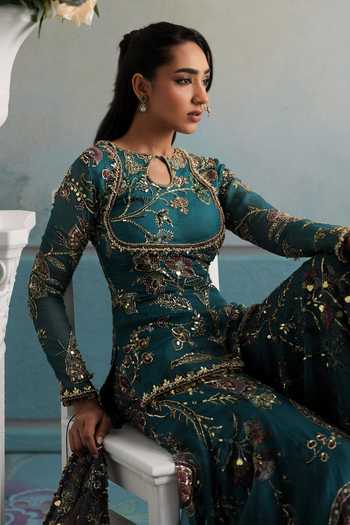 Shop Mahima Mahajan Teal Silk Organza Keyhole Neck, Yes Sehar Embroidered Kurta Gharara Set Online at Aza Fashions Shop_Mahima Mahajan_Teal Silk Organza Keyhole Neck, Yes Sehar Embroidered Kurta Gharara Set _Online_at_Aza_Fashions