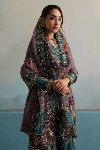 Mahima Mahajan Teal Silk Organza Keyhole Neck, Yes Sehar Embroidered Kurta Gharara Set at Aza Fashions Mahima Mahajan_Teal Silk Organza Keyhole Neck, Yes Sehar Embroidered Kurta Gharara Set _at_Aza_Fashions