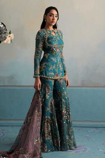 Buy Mahima Mahajan Teal Silk Organza Keyhole Neck, Yes Sehar Embroidered Kurta Gharara Set Buy_Mahima Mahajan_Teal Silk Organza Keyhole Neck, Yes Sehar Embroidered Kurta Gharara Set