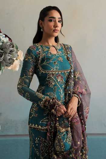 Shop Mahima Mahajan Teal Silk Organza Keyhole Neck, Yes Sehar Embroidered Kurta Gharara Set Shop_Mahima Mahajan_Teal Silk Organza Keyhole Neck, Yes Sehar Embroidered Kurta Gharara Set