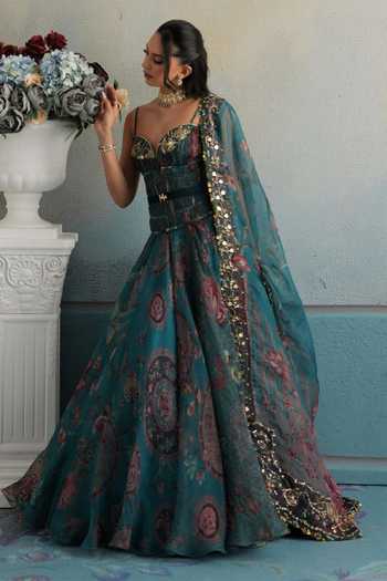 Mahima Mahajan_Blue Silk Organza Sweetheart Aisha Embroidered Corset Anarkali And Dupatta Set _Online_at_Aza_Fashions