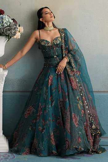 Mahima Mahajan_Blue Silk Organza Sweetheart Aisha Embroidered Corset Anarkali And Dupatta Set _at_Aza_Fashions