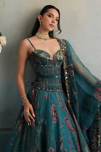 Buy_Mahima Mahajan_Blue Silk Organza Sweetheart Aisha Embroidered Corset Anarkali And Dupatta Set 