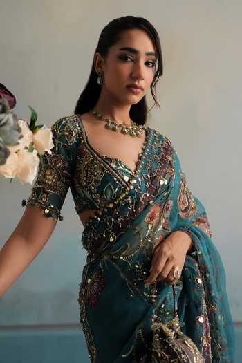 Mahima Mahajan_Blue Silk Organza Plunge Neck Sahiba Hand Embroidered Saree With Blouse _Online_at_Aza_Fashions