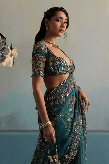 Shop_Mahima Mahajan_Blue Silk Organza Plunge Neck Sahiba Hand Embroidered Saree With Blouse _Online_at_Aza_Fashions