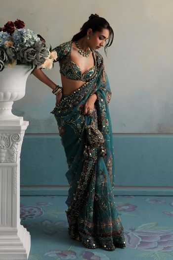 Mahima Mahajan_Blue Silk Organza Plunge Neck Sahiba Hand Embroidered Saree With Blouse _at_Aza_Fashions