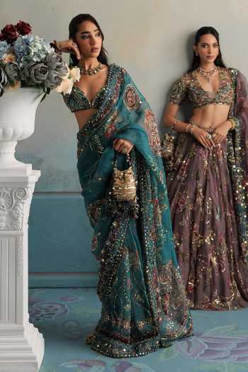 Buy_Mahima Mahajan_Blue Silk Organza Plunge Neck Sahiba Hand Embroidered Saree With Blouse 