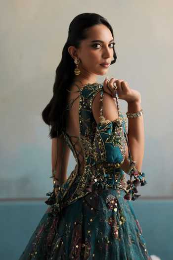 Mahima Mahajan Teal Silk Organza Sequins, Stones Sweetheart Iara Embroidered Corset Lehenga Set Online at Aza Fashions Mahima Mahajan_Teal Silk Organza Sequins, Stones Sweetheart Iara Embroidered Corset Lehenga Set _Online_at_Aza_Fashions