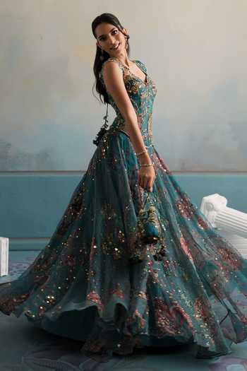 Buy Mahima Mahajan Teal Silk Organza Sequins, Stones Sweetheart Iara Embroidered Corset Lehenga Set Online at Aza Fashions Buy_Mahima Mahajan_Teal Silk Organza Sequins, Stones Sweetheart Iara Embroidered Corset Lehenga Set _Online_at_Aza_Fashions