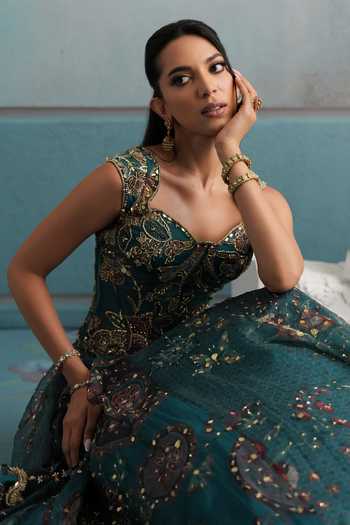 Shop Mahima Mahajan Teal Silk Organza Sequins, Stones Sweetheart Iara Embroidered Corset Lehenga Set Online at Aza Fashions Shop_Mahima Mahajan_Teal Silk Organza Sequins, Stones Sweetheart Iara Embroidered Corset Lehenga Set _Online_at_Aza_Fashions