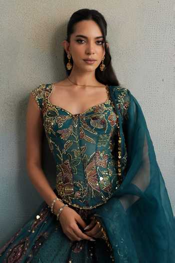 Mahima Mahajan Teal Silk Organza Sequins, Stones Sweetheart Iara Embroidered Corset Lehenga Set at Aza Fashions Mahima Mahajan_Teal Silk Organza Sequins, Stones Sweetheart Iara Embroidered Corset Lehenga Set _at_Aza_Fashions