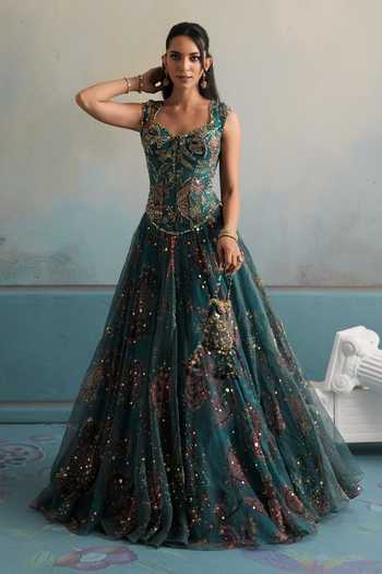 Buy Mahima Mahajan Teal Silk Organza Sequins, Stones Sweetheart Iara Embroidered Corset Lehenga Set Buy_Mahima Mahajan_Teal Silk Organza Sequins, Stones Sweetheart Iara Embroidered Corset Lehenga Set