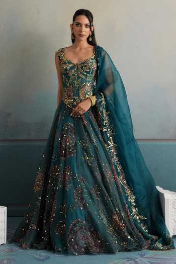 Shop Mahima Mahajan Teal Silk Organza Sequins, Stones Sweetheart Iara Embroidered Corset Lehenga Set Shop_Mahima Mahajan_Teal Silk Organza Sequins, Stones Sweetheart Iara Embroidered Corset Lehenga Set