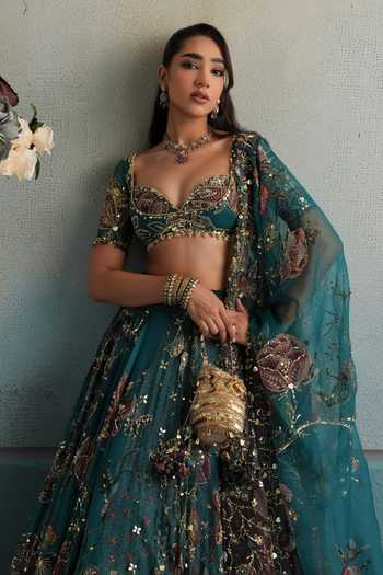 Shop Mahima Mahajan Blue Silk Organza Sweetheart Neck Aiman Embroidered Lehenga Set Online at Aza Fashions Shop_Mahima Mahajan_Blue Silk Organza Sweetheart Neck Aiman Embroidered Lehenga Set _Online_at_Aza_Fashions