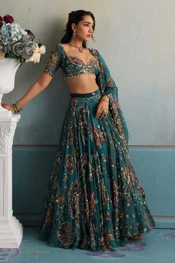 Mahima Mahajan Blue Silk Organza Sweetheart Neck Aiman Embroidered Lehenga Set at Aza Fashions Mahima Mahajan_Blue Silk Organza Sweetheart Neck Aiman Embroidered Lehenga Set _at_Aza_Fashions