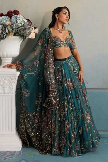 Buy Mahima Mahajan Blue Silk Organza Sweetheart Neck Aiman Embroidered Lehenga Set Buy_Mahima Mahajan_Blue Silk Organza Sweetheart Neck Aiman Embroidered Lehenga Set