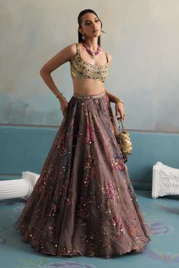 Mahima Mahajan Purple Silk Organza Scoop Neck Rabia Embroidered Lehenga Set at Aza Fashions Mahima Mahajan_Purple Silk Organza Scoop Neck Rabia Embroidered Lehenga Set _at_Aza_Fashions