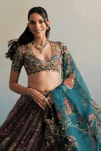 Buy Mahima Mahajan Purple Silk Organza Plunge Neck Kareena Embroidered Lehenga Set Online at Aza Fashions Buy_Mahima Mahajan_Purple Silk Organza Plunge Neck Kareena Embroidered Lehenga Set _Online_at_Aza_Fashions
