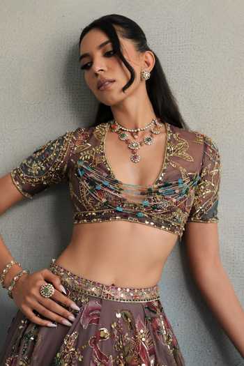 Mahima Mahajan Purple Silk Organza Plunge Neck Kareena Embroidered Lehenga Set at Aza Fashions Mahima Mahajan_Purple Silk Organza Plunge Neck Kareena Embroidered Lehenga Set _at_Aza_Fashions