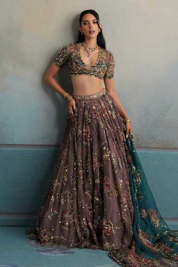 Shop Mahima Mahajan Purple Silk Organza Plunge Neck Kareena Embroidered Lehenga Set Shop_Mahima Mahajan_Purple Silk Organza Plunge Neck Kareena Embroidered Lehenga Set