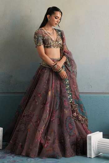 Buy Mahima Mahajan Purple Silk Organza V-neck Khalida Embroidered Lehenga Set Buy_Mahima Mahajan_Purple Silk Organza V-neck Khalida Embroidered Lehenga Set
